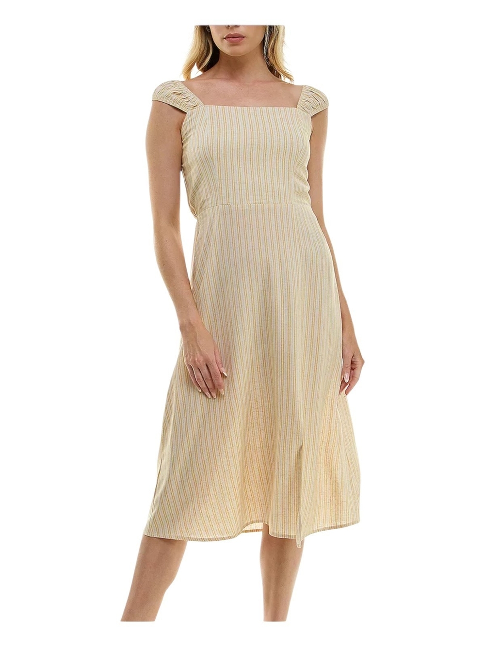 #212 Lily Rose Cream and Yellow Striped Square-Neck Midi Dress